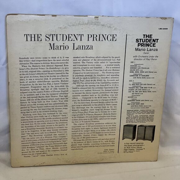 Mario Lanza The Student Prince (Vinyl, 1960) RCA Victor Red Seal LSC-2339 VG LP - Picture 3 of 10